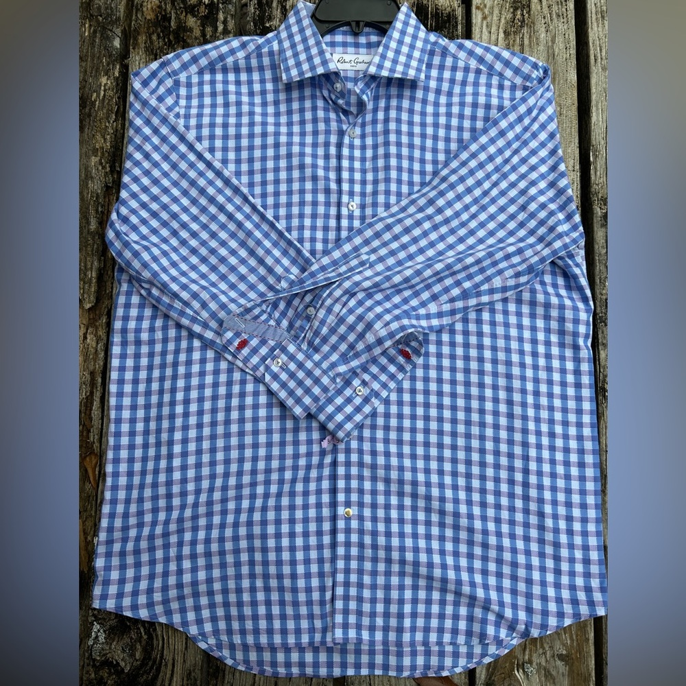 Robert Graham Mens Long Sleeve Button Down Blue/Pink Checkered Shirt Sz 43-17 XL - Picture 3 of 6